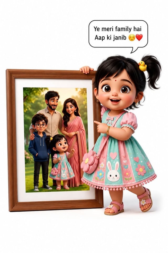 -realistic 3D Pixar-style cartoon illustration of an adorable little girl with huge expressive brown