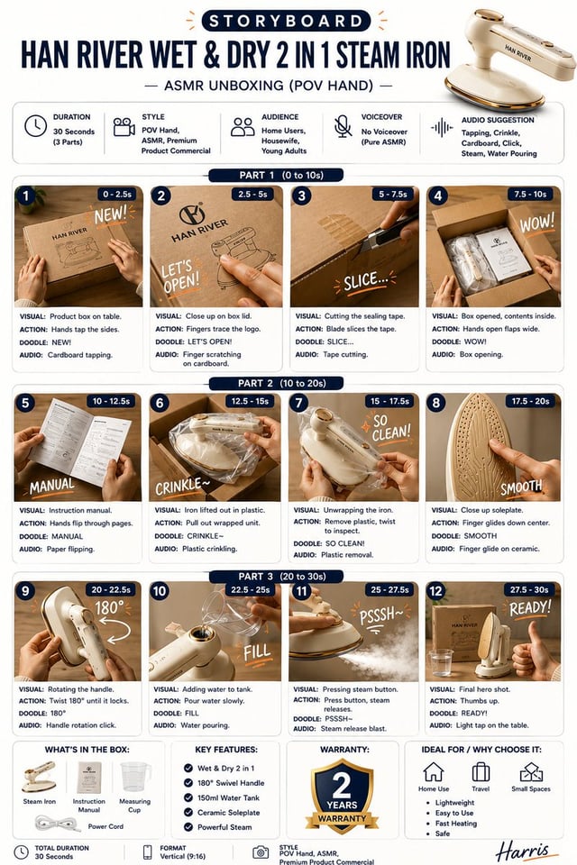 Create a clean, premium storyboard infographic for a product ASMR unboxing video.