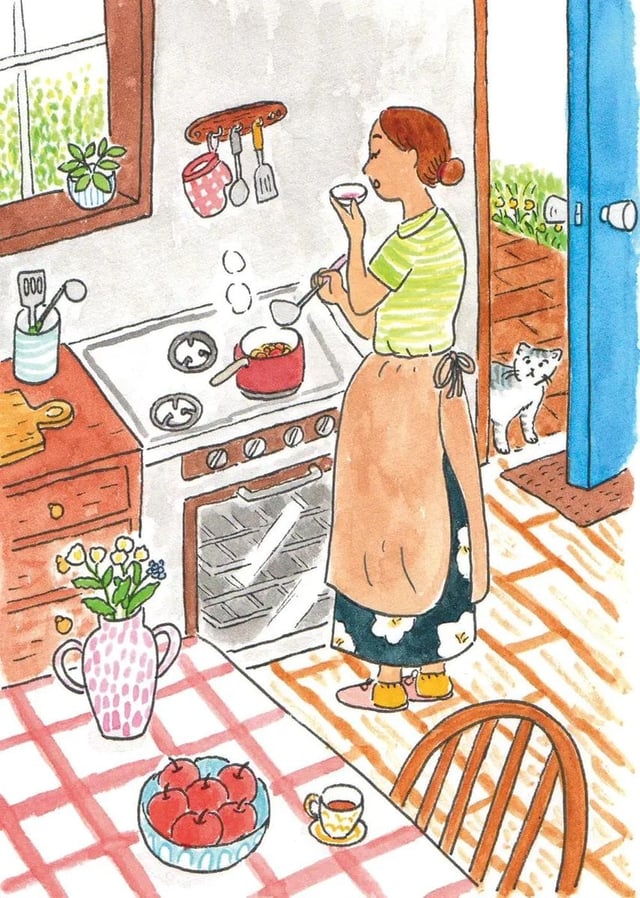 Whimsical hand-drawn watercolor and colored-pencil illustration of a peaceful everyday life scene, i