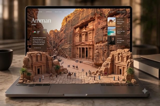 Create a high-end 3D optical illusion scene featuring a modern laptop on a polished marble desk. The