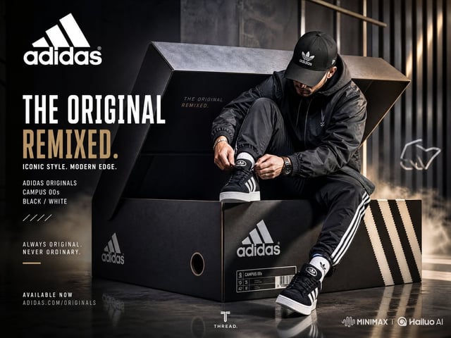 Create a highly detailed, cinematic, streetwear-style composition featuring a huge premium Adidas sh