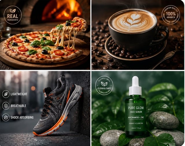 Ultra-realistic premium coffee advertisement featuring a matte black ceramic cup filled with rich cr