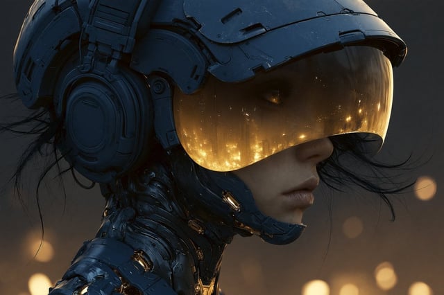 A detailed portrait of a cybernetic female figure facing slightly right. She wears a large dark blue