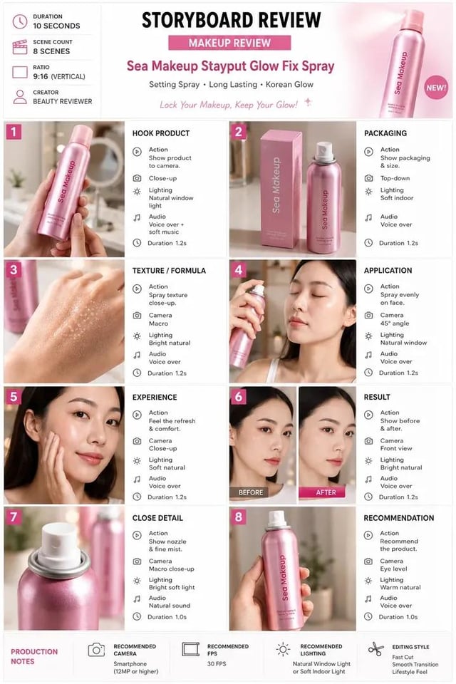 Create a professional 9:16 vertical beauty product review storyboard for a 10-second video with 8 sc