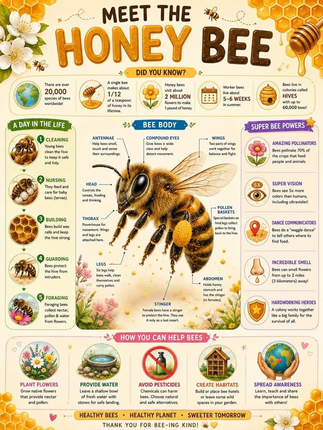 Educational infographic poster titled "MEET THE HONEY BEE". A friendly ultra-realistic 3D honey bee 