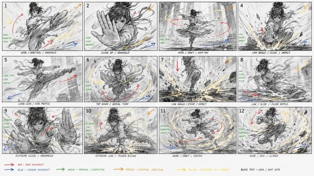 Create a raw kung fu performance storyboard focused on extreme physical action. Use reference image 