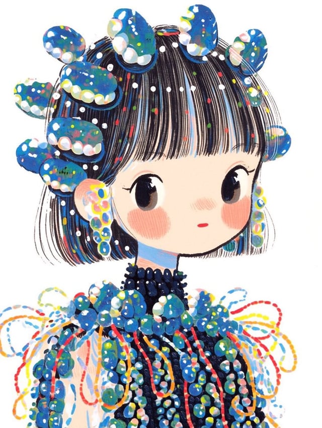 A whimsical fashion illustration of a cute doll-like girl with a short glossy black bob haircut and 