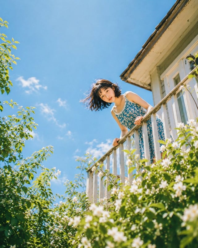 Close-up shot from low angle, young woman's face peeking over white balcony railing, both hands grip
