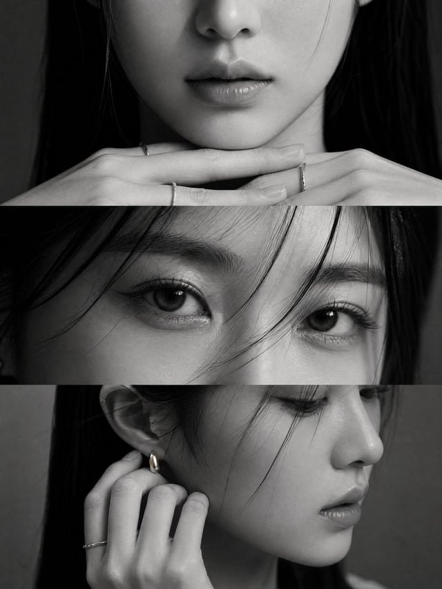 Elegant black-and-white studio editorial of a young Korean woman, vertical 3:4 layout in three panel