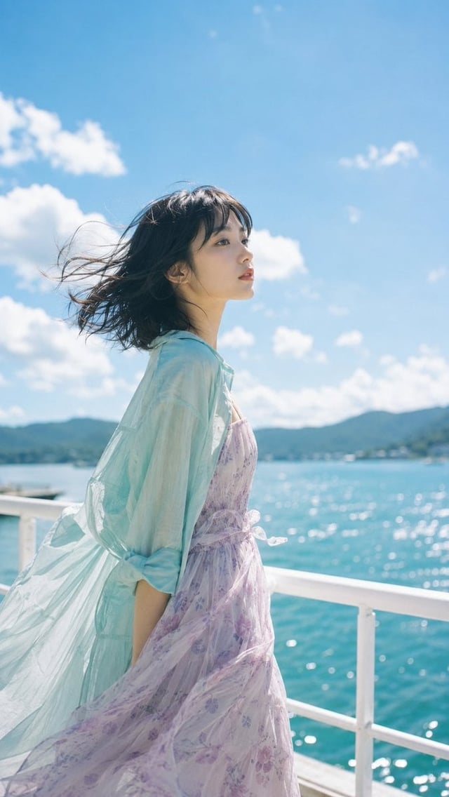 Create a vertical 9:16 photorealistic summer portrait of a young East Asian woman in a soft dopamine