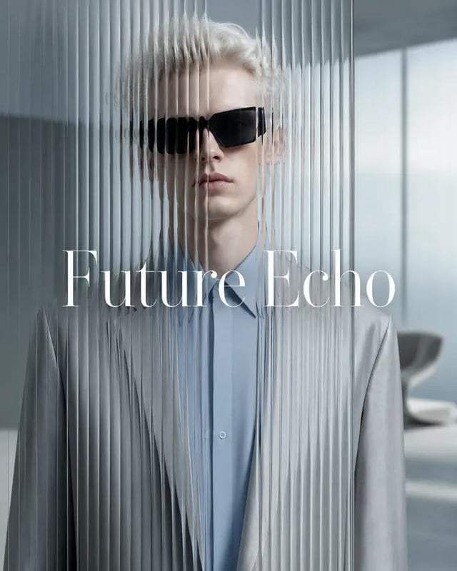 Minimalist luxury fashion advertisement featuring [Human] wearing [Clothing], viewed through a tall 