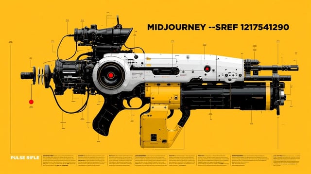 Autopsy infographic of geometric low-polygon Pulse Rifle hybrid, parts and labels, industrial mechan