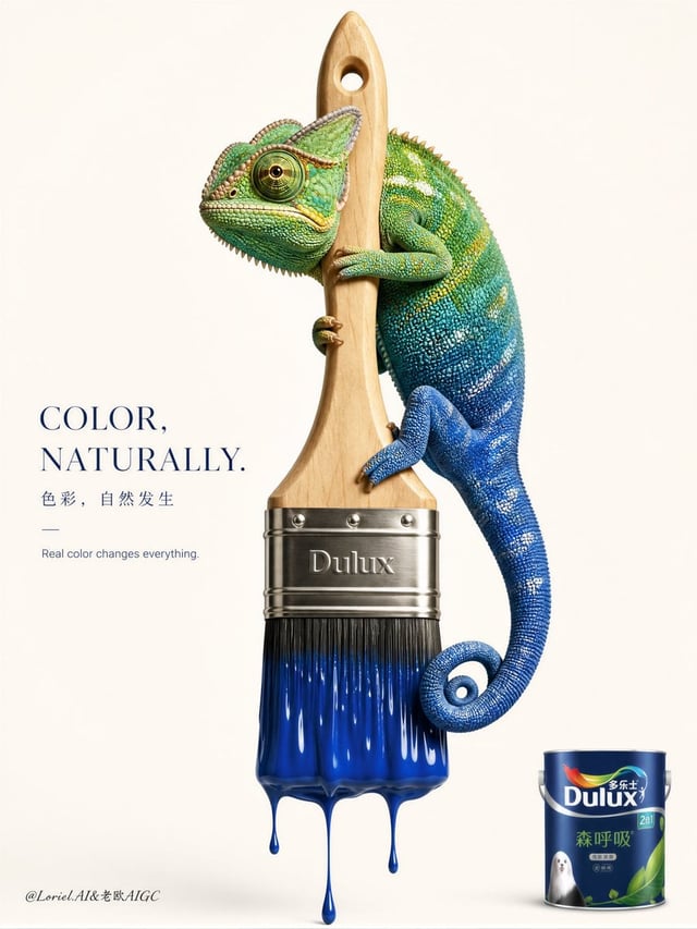 Create an ultra-premium editorial advertising poster for Dulux, centered on one oversized hyper-real