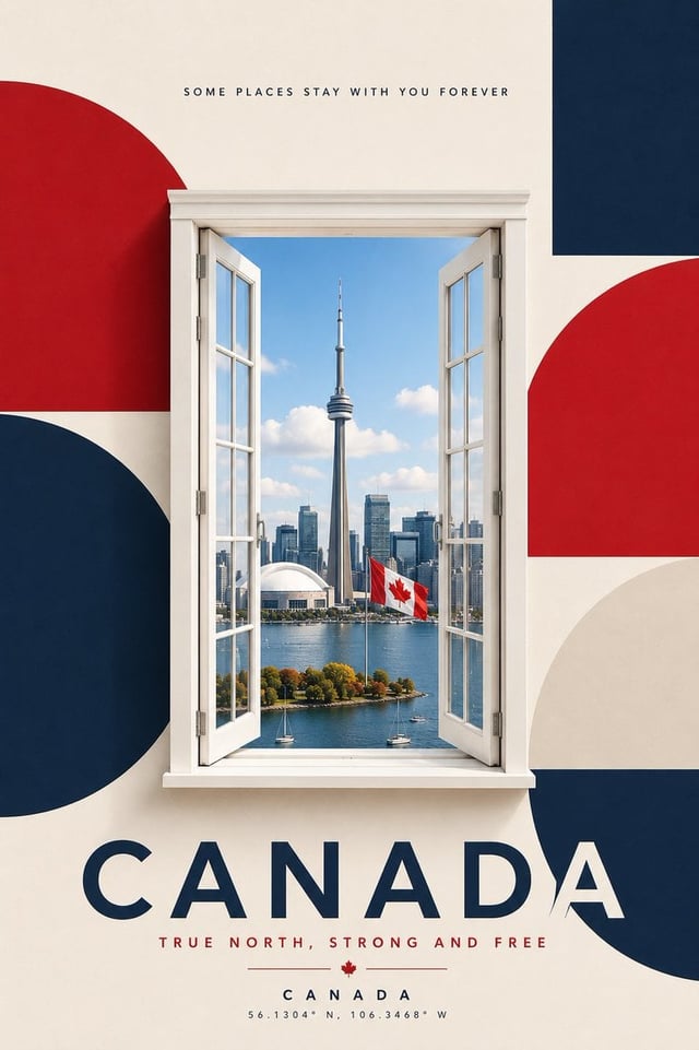 Create a premium minimalist travel poster with a clean editorial aesthetic. A large open white-frame