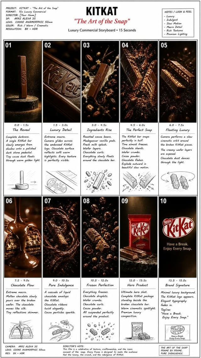Create one professional commercial storyboard presentation showing 10 cinematic frames arranged in a