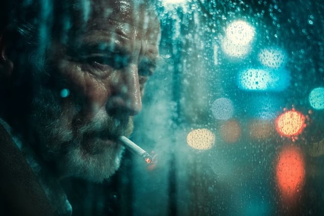 A photorealistic [Subject] seen through raindrop-covered glass. Misty atmosphere, cold cinematic lig