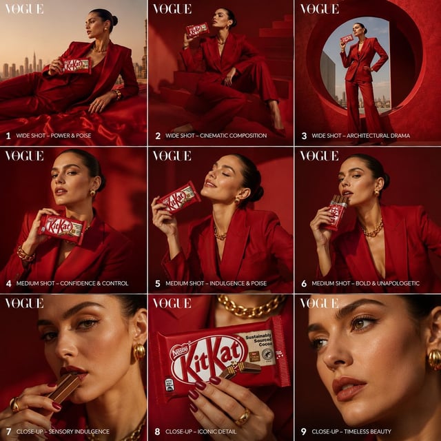 Create a 3×3 storyboard grid (9 images total) in a Vogue high-fashion editorial style, using the pro