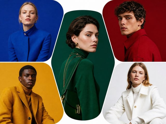 Editorial color-block portrait collage, five stylish European models, each inside separate geometric