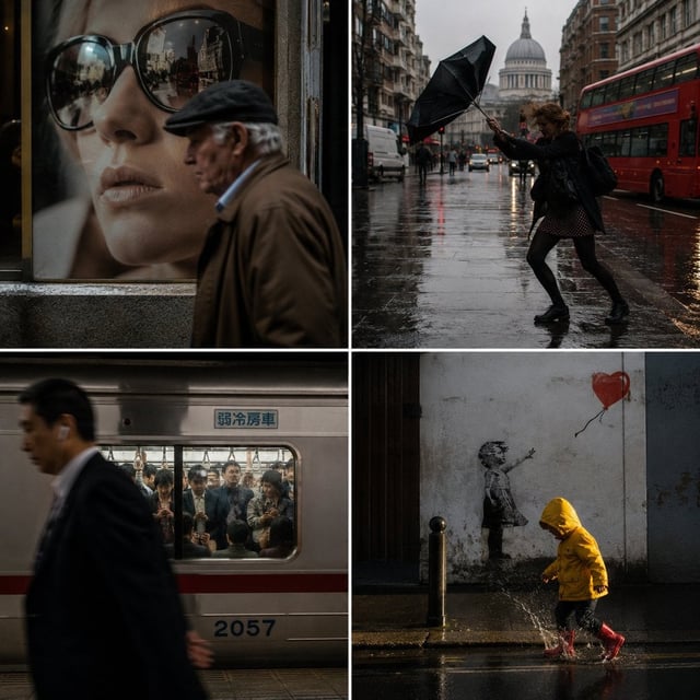 input = [ stranger(s) / urban_context / unaware_action / capture_medium / juxtaposition ] run street