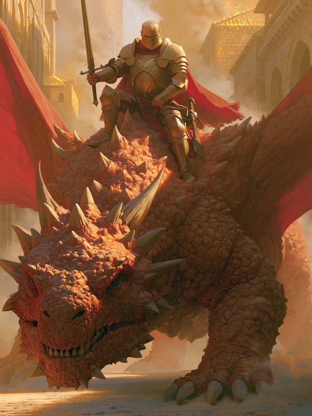 A digital fantasy painting of a knight in ornate, gold toned plate armor riding a massive red dragon
