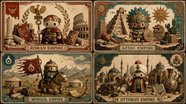 2x2 grid, 16:9, do this for 4 fallen empires in this style: <transformation>   - Convert the subject