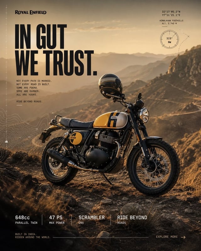 Act as the Global Creative Director for Royal Enfield. Think like a collaboration between Royal Enfi