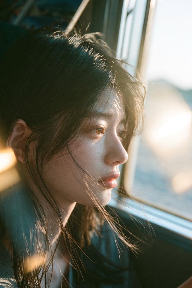 A melancholic young East Asian woman with long, slightly messy black hair sits quietly beside a larg