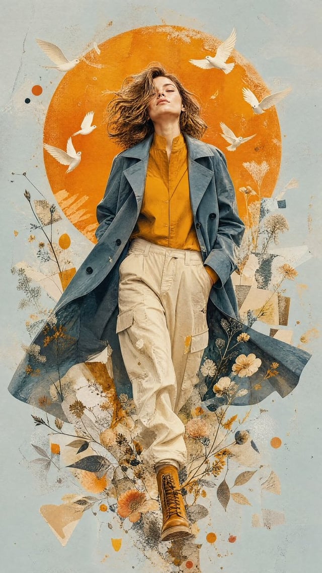A premium contemporary mixed-media editorial illustration of a woman as the attached image, walking 