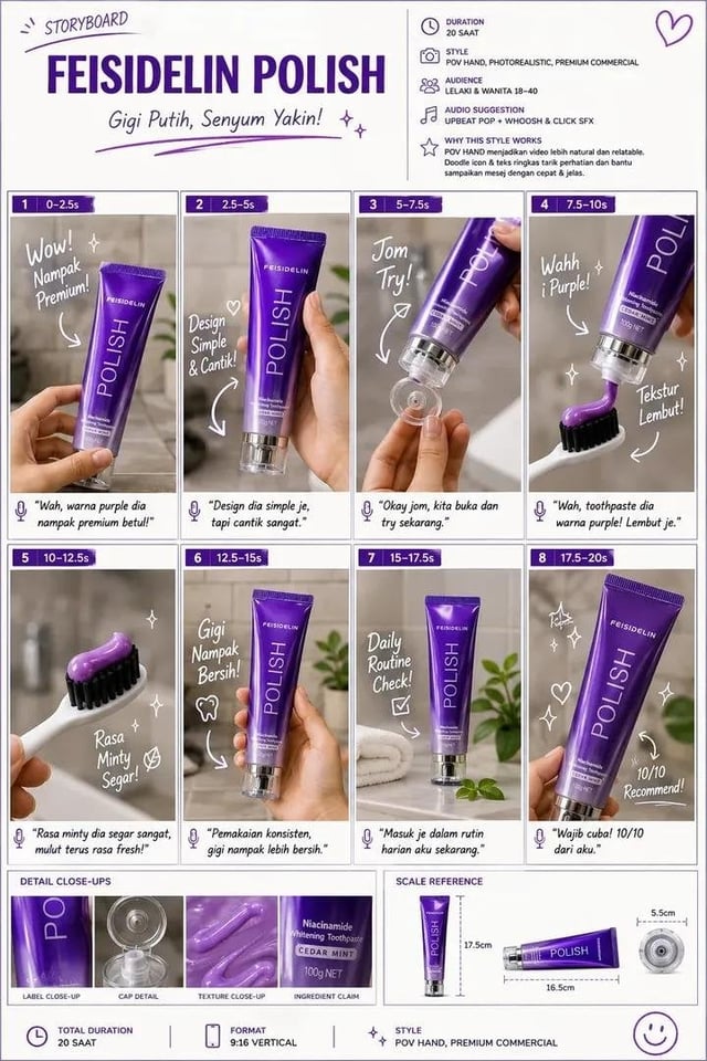 Create a premium commercial storyboard sheet for a luxury toothpaste advertisement in a clean A4 por