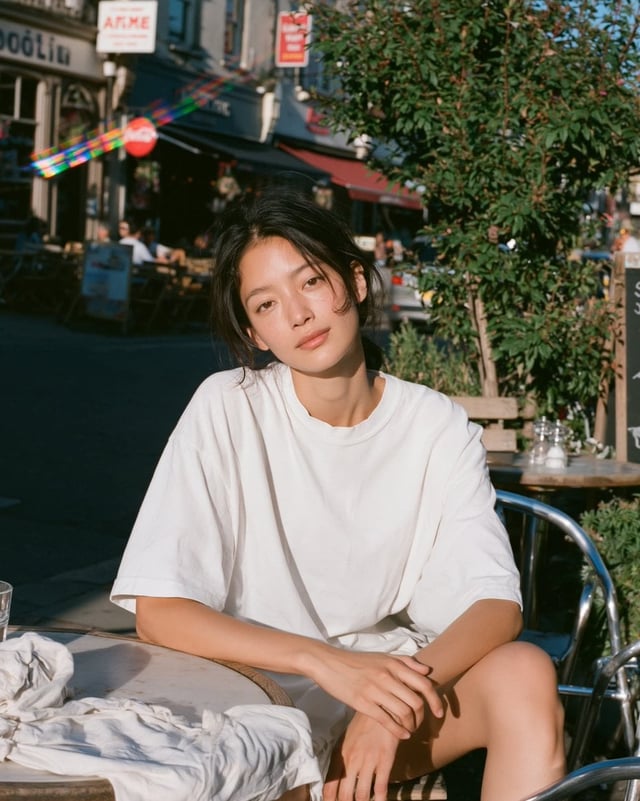 warm sunlit film portrait, young woman sitting relaxed at a small café terrace table in bright golde