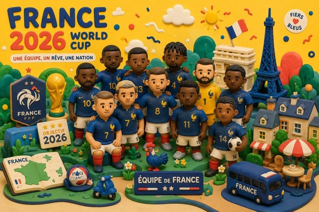do this for France 2026 world cup team, CONCEPT ANCHOR 1: "Candy-clay designer toy scene — rounded m