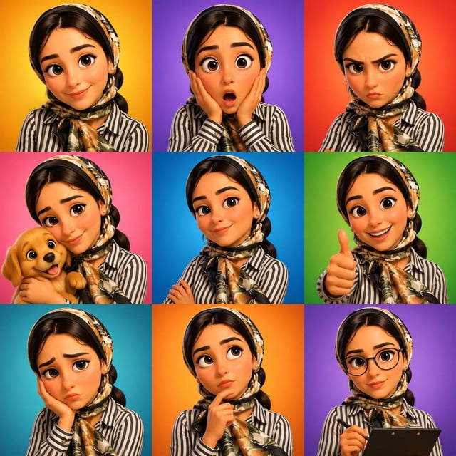 3D cartoon avatar character showing different emotions arranged in a 3x3 grid, same male/female char