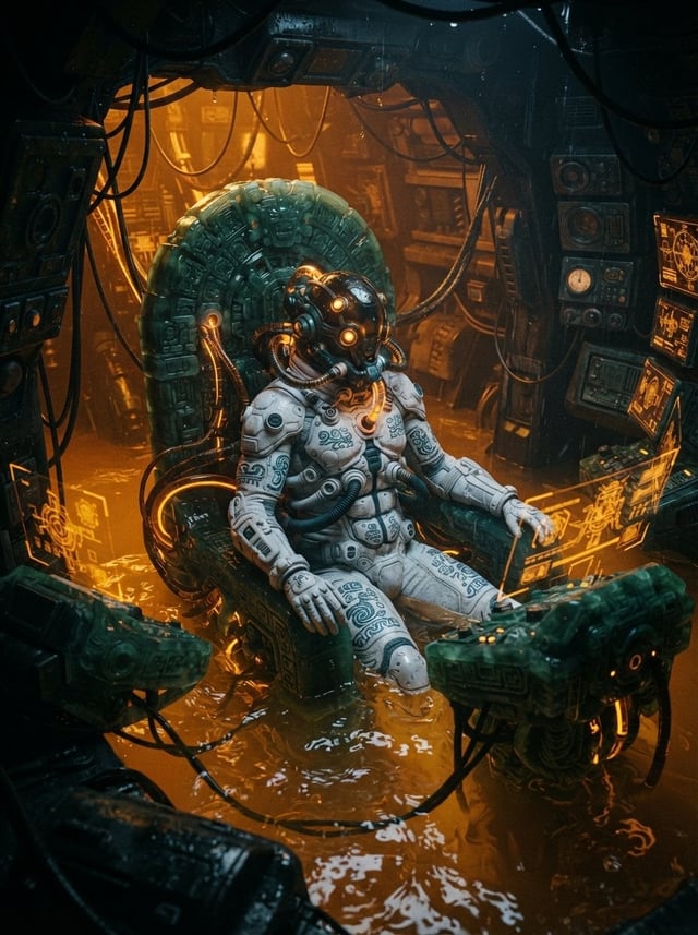 The interior of a dark, flooded mechanical cockpit filled with a glowing amber fluid, where a pilot'