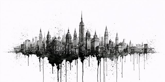 A monochrome architectural portrait of [City], rendered as a fine black ink sketch with expressive w