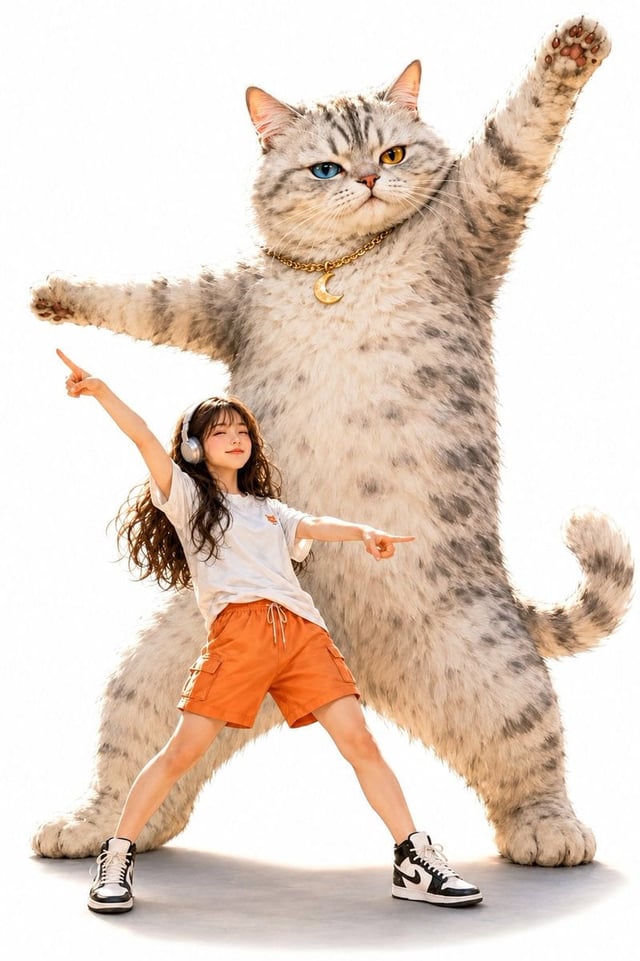 A dynamic image featuring a giant anthropomorphic cat based on the attached reference character and 