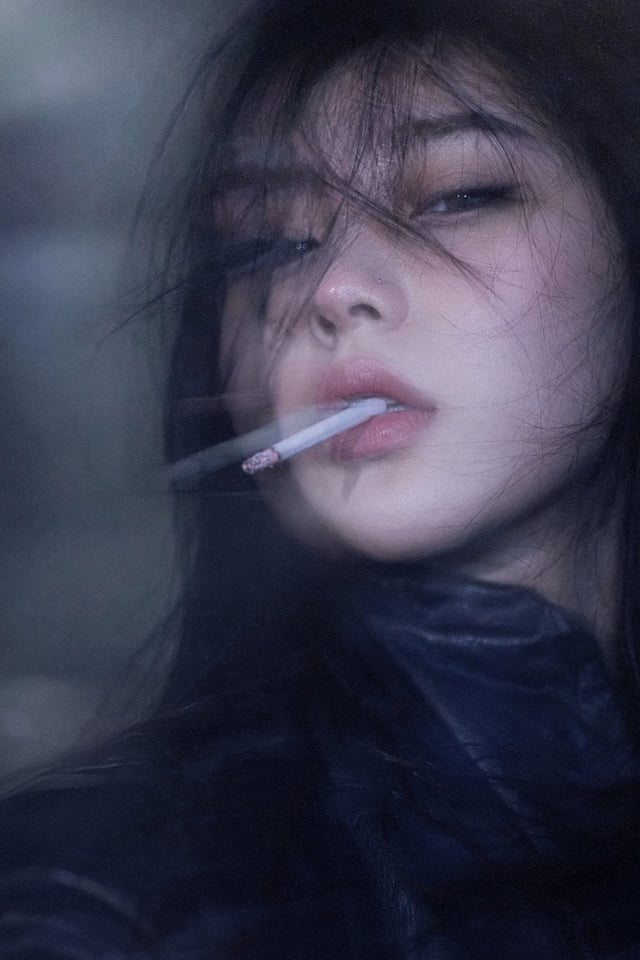 2:3。成像质感优先：全局低清柔焦泛朦，人物五官同样受到慢门横向重影与隔窗反射影响。冷调灰雾、慢门动态重影、低清胶片颗粒、低对比柔光，真人摄影、真实人物、实验性时尚人像。极近距离正面略仰视特写，年轻美