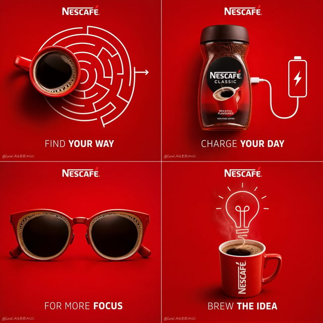 Create a premium 4-panel campaign poster for Nescafé, built as a clean 2x2 grid of minimalist concep