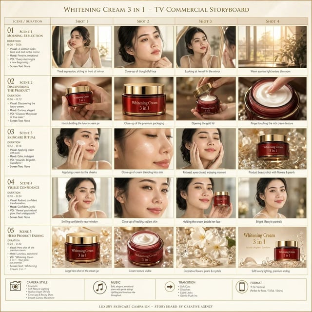 Create a 15-second cinematic luxury skincare commercial with a warm beige and cream aesthetic, soft 