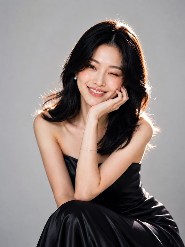 Ultra-realistic high-end studio beauty portrait of a beautiful young East Asian woman with shoulder-