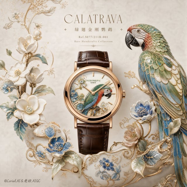 Create a luxurious vertical campaign poster for Patek Philippe Calatrava Ref.5077/211R-001, “Calatra