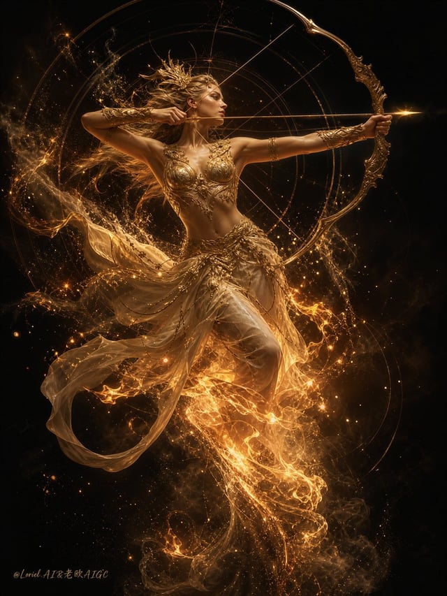 Create an ultra-detailed fantasy fine-art image of a single magnificent female archer suspended in t
