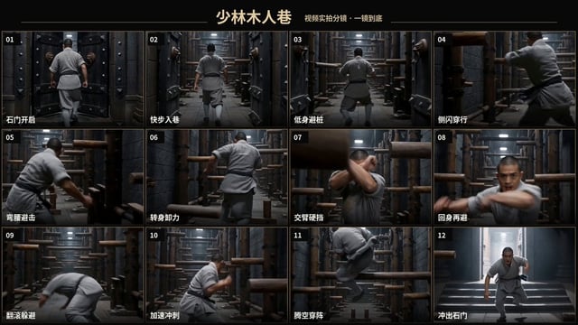 生成一段15秒、横版16:9、真人写实功夫片质感的《少林木人巷》一镜到底闯关视频。