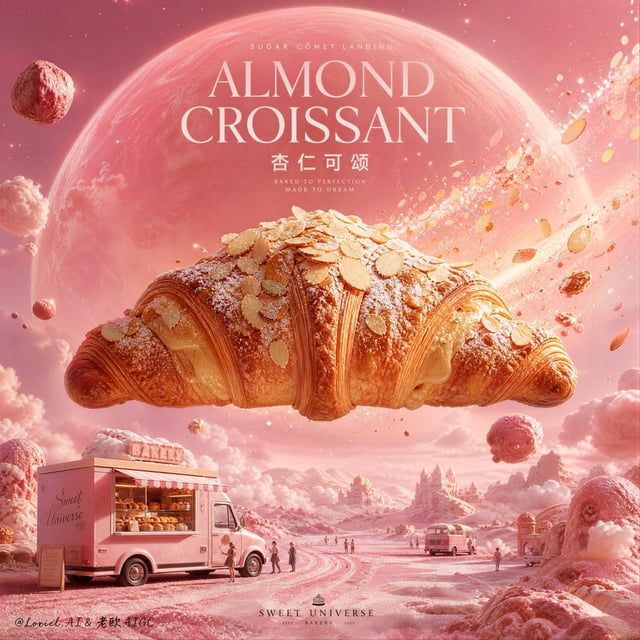 Create an ultra-premium single-image advertising poster for Almond Croissant, designed as a dreamy p