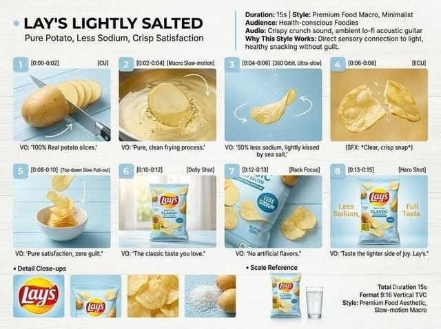 Concept: Premium food commercial for Lay's Lightly Salted. Minimalist pastel blue background, luxury