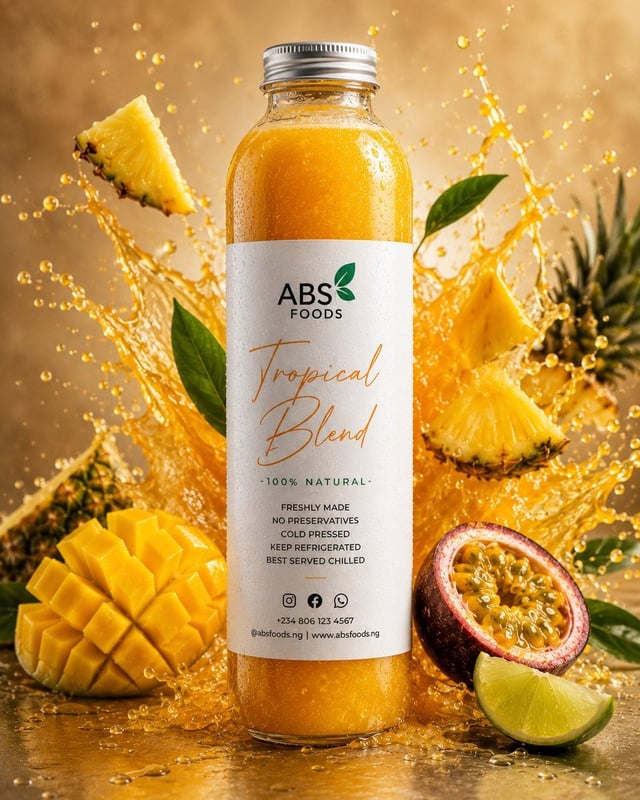 Create an ultra-premium commercial product advertisement for a luxury tropical fruit juice bottle in