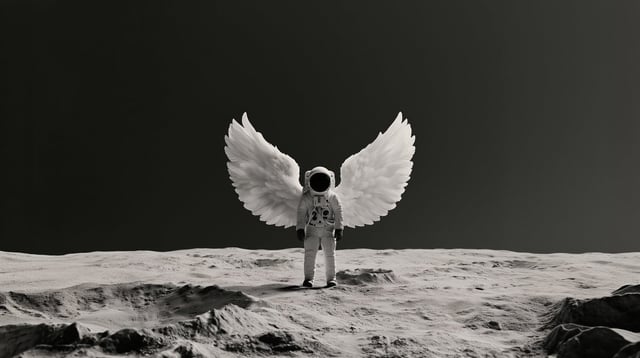 Astronaut in spacesuit standing on the moon wearing big white feathered angel wings