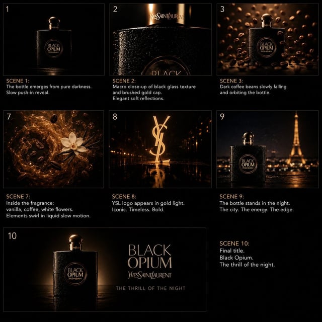 Create a premium cinematic luxury fragrance commercial for YSL Black Opium in a dark black-and-gold 