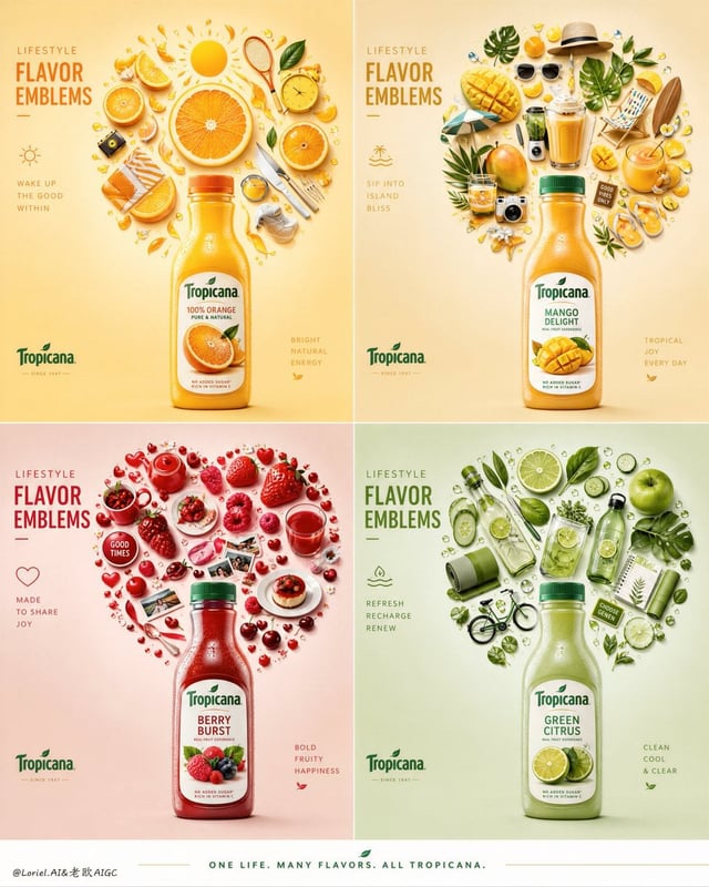 Create an ultra-premium four-panel advertising campaign board for the Tropicana multi-flavor series,