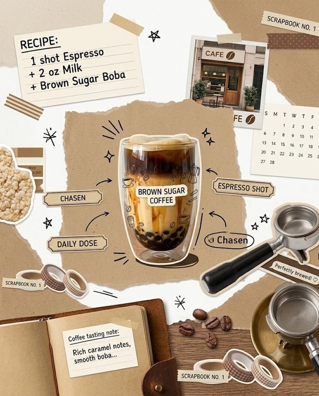 Create a portrait 4:5 digital scrapbook collage featuring a brown sugar coffee boba drink as the cen