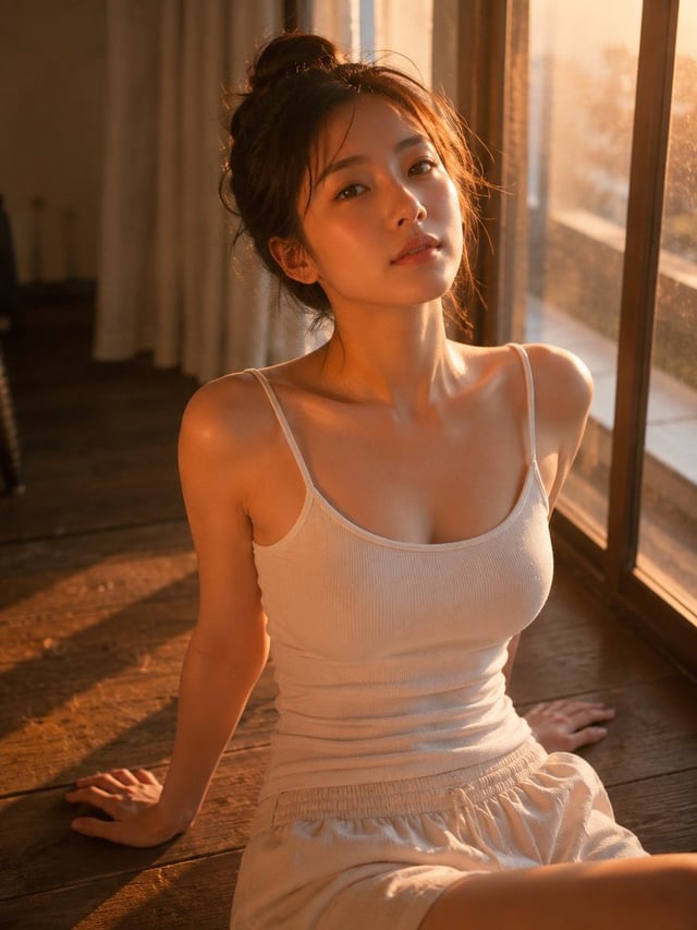 一名23歲日系女性，穿著白色細肩帶背心，坐在靠窗的木地板上雙手向後撐著身體。黃昏斜射的暖橘色夕陽灑在她的鎖骨與臉頰上，畫面充滿溫暖慵懶的電影感 --ar 3:4